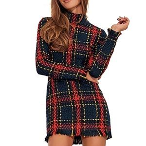 Plaid Tassel Hem Long Sleeve Tweed Dress